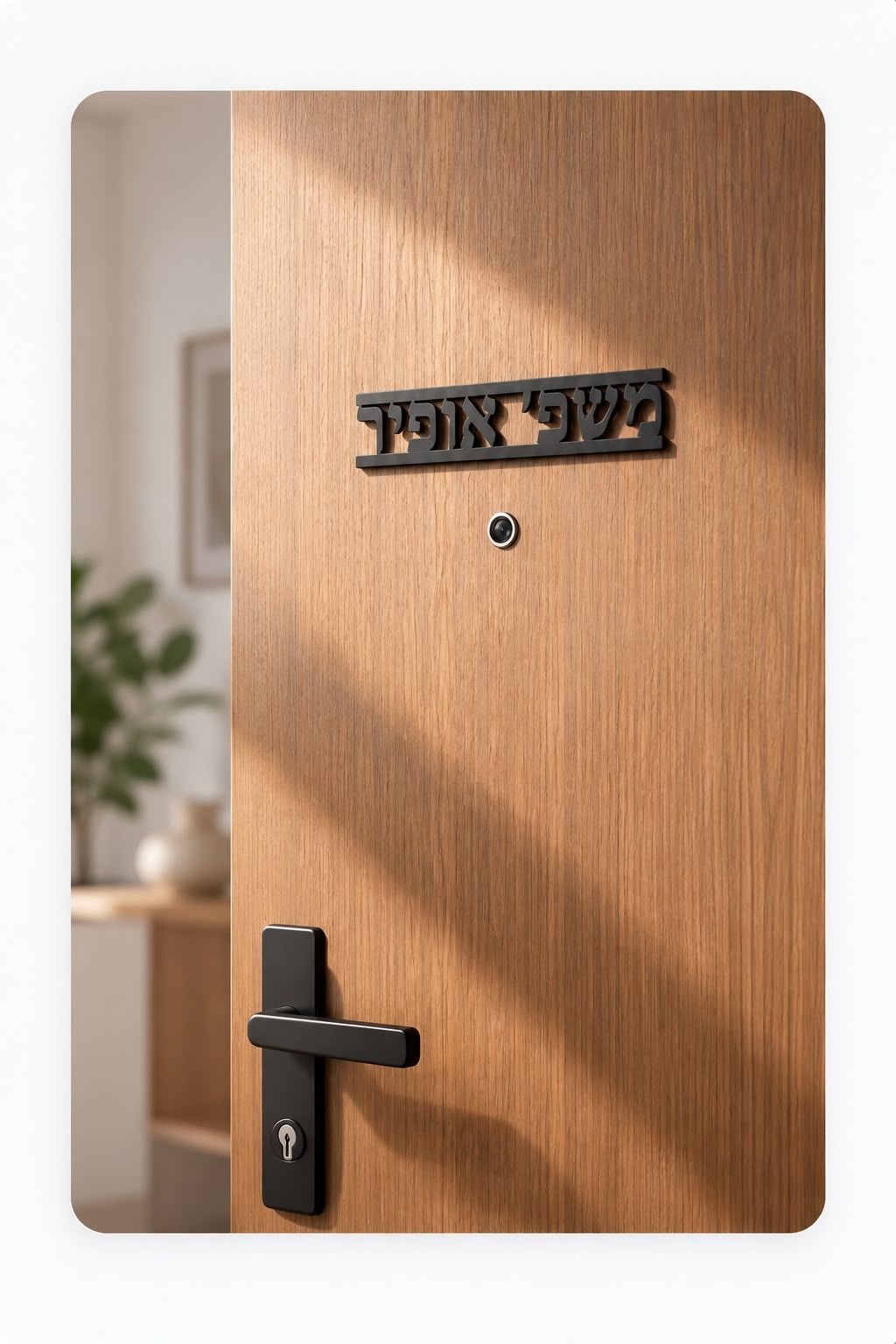 שלט לדלת בהתאמה אישית בשחור על דלת עץ, מבט מהצד